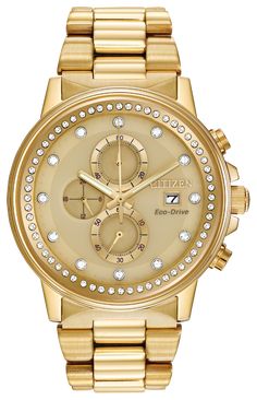 Chandler - Men's Eco-Drive FB3002-53P Gold Dial Watch | Citizen Citizen Eco Drive, Citizen Watches, Light Watch, Eco Drive Watches, Citizen Watch, Citizen Eco, Crystal Watches, Eco Drive, Unisex Watches