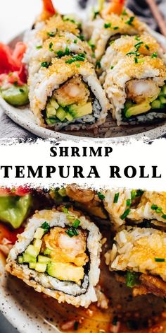 shrimp and avocado roll on a plate with text overlay that reads shrimp tempura roll