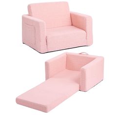 two pink children's chairs and a footstool on a white background,