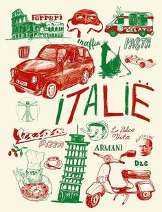 a red and green poster with different types of italian food on it's side