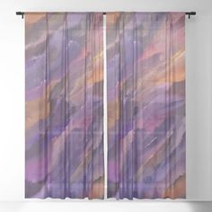 an abstract painting with purple and orange colors on the outside curtain in front of a white wall