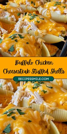 baked stuffed shells with chicken and cheese in a casserole dish