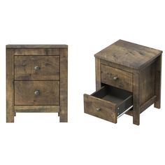 two wooden nightstands side by side with one open drawer and the other closed drawer