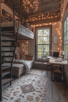 a loft bed with lights strung from the ceiling, and a desk in front of it