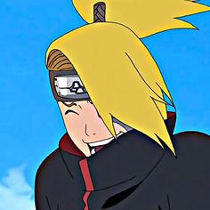 a cartoon character with blonde hair wearing sunglasses and a black hoodie looking at the sky