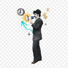 a man in a suit and top hat looking through a magnifying glass with money symbols around him