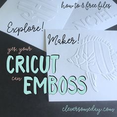 three cards with the words cricut emboss written on them and an envelope