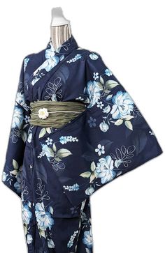 Japanese Yukata Kimono Plus Size - Blue Flowers in Navy Traditional Yukata, Kimono Plus Size, Japanese Yukata, Tabi Socks, Yukata Kimono, Navy Style, Watercolor Blue, Obi Belt, Background Beautiful