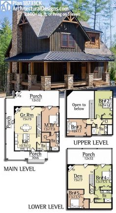 the floor plan for this log cabin home is very large and has three levels to each level