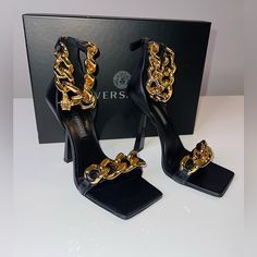 Versace Medusa Chain / News High Heel Sandals Black With Gold Chain 37.5 Perfect Condition Same Day Shipping Nr Included: Original Box Authenticity Certificate Travel Bag Formal Heels With Chain And Round Toe, Gold Chain Heels For Formal Occasions, Elegant Chain Print Heels For Evening, Gold Heels With Chain Print For Formal Occasions, Elegant Formal Heels With Gold Chain, Formal High Heels With Gold Chain, Elegant Evening Heels With Chain Print, Gold Chain Print Heels For Formal Occasions, Formal High Heels With Chain Detail