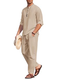 PRICES MAY VARY. 【PREMIUM COTTON FABRIC】-- Men's 2 piece cotton linen set are made of great fabric, lightweight, breathable and soft touch, moisture-wicking. This beach linen outfits signals the start of holiday! Make sure add this linen 2 piece outfits to your wardrobe for summer look. 【CASUAL 2 PIECE OUTFITS】-- Men's henley shirts featuring with stand collar, button closure, long sleeve with sleeve tabs, simple style, solid color, slim fit, rounded hem. The cotton beach pants features elastic Beach Linen Outfit, Summer Yoga Outfit, Linen Outfits, Beach Outfit Men, Summer Pajama Set, Summer Yoga, Yoga Outfits, Pirate Shirts, Mens Attire