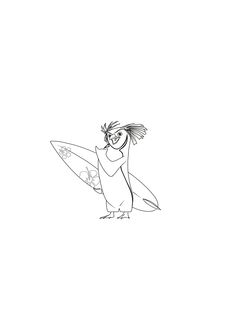 a black and white drawing of a person holding a surfboard