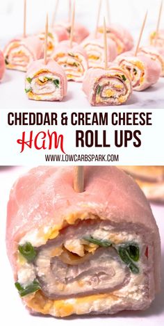 ham roll ups with cheese and spinach on them are the perfect appetizer