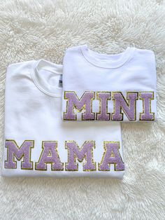 "Purple White Gold Glitter Chenille Letter Patch Mama Mini Matching Crewneck Sweatshirt Mother's Day Baby Shower New Mom Gift ✨ MIDWEST MODISH CO.  Thank you for considering a purchase from my shop! Please read the description to ensure your satisfaction prior to your purchase. For any questions, concerns, or custom order requests please message me & I will get back to you ASAP! ✨PRODUCT DETAILS -Gildan Unisex Brand - Adult Heavy Blend 8 oz Fleece Crewneck -50% cotton 50% polyester  -1x1 ribbed Mother's Day Gift Tops With Letter Embroidery, White Tops With Letter Embroidery For Mother's Day, Gold Tops With Letter Print For Gifts, Matching Crewneck, Cute Shirt Designs, New Mom Gift, Embroidered Tshirt, Crew Neck Shirt, New Mom