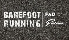 the words barefoot running are written in white on a black carpeted area with an image of