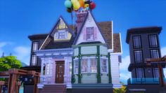 an animated house with balloons floating in the air