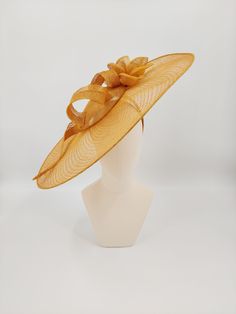 Hat Haven Millinery - handmade hats in Louisville, Kentucky. Custom hats, Derby hats, fascinators, dress hats, Ascot hats, men's hats, hat bands, hat maker, milliner, hatter, church hat, race day hats, hat store in Louisville. Yellow Wide Brim Summer Fascinator, Yellow Wide Brim Fascinator For Races, Yellow Curved Brim Fascinator For Party, Yellow Wide Brim Fascinator, Elegant Yellow Spring Fascinator, Gold Fascinator, Wedding Hats For Guests, Tea Hats, Kentucky Derby Fascinator