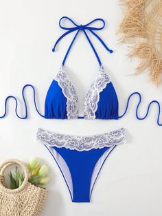 Beach Bra With Lace Trim, Blue Ruffled Triangle Top Swimwear, Cheap Bra-friendly Blue Swimwear, Blue Underwire Swimwear With Built-in Bra, Bra-friendly Blue V-neck Swimwear, Lace Splicing, Beachwear For Women