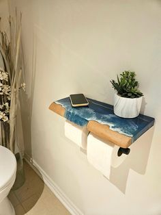 a bathroom with a toilet, plant and paper towel rack on the wall above it