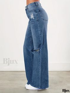 Bjux - Womens Blue Raw-Cut Straight Jeans with Loose Fit and Ripped Holes - Non-Stretch Wide-Leg Casual Denim Pants Ripped Full-length Blue Bottoms, Ripped Blue Full-length Bottoms, Blue Ripped Full-length Bottoms, Ripped Non-stretch Wide-leg Bottoms, Ripped Non-stretch Wide Leg Bottoms, Stretch Distressed Wide Leg Bottoms, Distressed Full Length Bottoms For Summer, Medium Wash Ripped Wide Leg Bottoms, Medium Wash Ripped Full Length Jeans