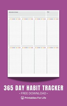 the printable habit tracker is displayed on a purple background with text that reads, 365 day habit tracker