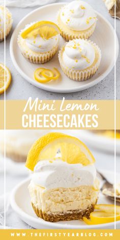 mini lemon cheesecakes on a white plate with the title overlay reads mini lemon cheesecakes