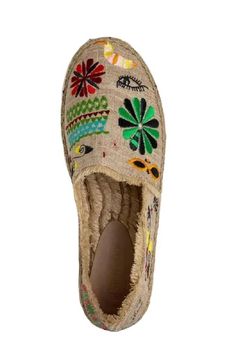 Nothing says vacation quite like a nice pair of espadrilles.Festive floral an embroidered detailing. Linen. Different embroidery on each shoe. Spring Bohemian Espadrilles With Woven Sole, Bohemian Closed Toe Espadrilles, Embroidered Slip-on Espadrilles For Beach, Embroidered Closed Toe Espadrilles For Spring, Embroidered Closed Toe Espadrilles For Summer, Spring Embroidered Closed Toe Espadrilles, Bohemian Slip-on Espadrilles For Vacation, Bohemian Closed Toe Espadrilles For Spring, Multicolor Espadrilles With Rubber Sole