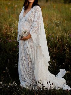 Momyknows Floral Lace Backless Boho Baby Shower Flare Sleeve Pregnant Maternity Photoshoot Maxi Dress Winter White Maternity Dress, Tulle Baby Shower, Gender Reveal Outfits, Maternity Sundress, Bump Ahead, Lace Cape, Baby Favors, Maternity Nursing Dress