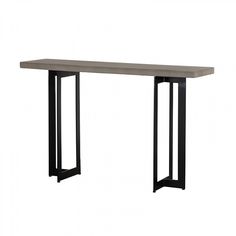 a wooden table with metal legs and a white background