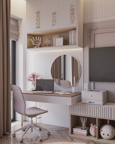 a room with a desk, chair and television in it