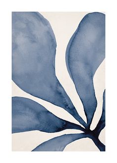 a blue and white painting with leaves on it's back side, framed in black frame