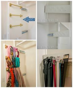 several pictures of closets with clothes hanging on the door and tie bars attached to the wall