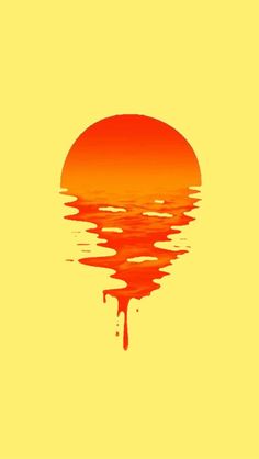 an orange and yellow sunset reflecting in the water with drops of paint on it's surface