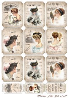 six different pictures of women in hats and gowns, each with their own name