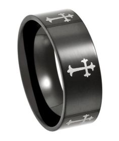 Men's Black Stainless Steel Cross Ring with Silver-Toned Crosses | 8mm Gothic Black Stainless Steel Rings, Black Cross Rings For Gift, Christian Rings, Alternative Wedding Ring, Stainless Steel Wedding Ring, Affordable Rings, Puzzle Ring, Alternative Wedding Rings, Flat Interior