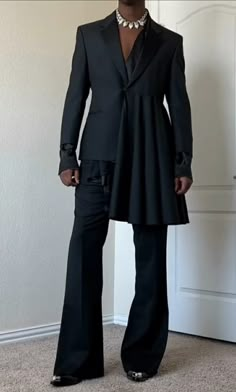 Black Suit Looks For Men, Queer Black Tie Fashion, One Shoulder Cape Men, Asymmetrical Suit Men, Open Back Suit Men, Black Male Outfits Aesthetic, Backless Suit Men, Male Prom Outfits Unique