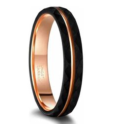 6mm or 8mm Luxury black 100% pure Tungsten ring for men and women with rose gold groove inlay and hammered design. Tungsten has become extremely popular as a ring material due to high resistance to scratches and fading plus can keep its shine forever looking as great as the day you bought it. To include your free personalized custom engraving (optional) on the inside of the ring - just enter in the engraving you would like on the ring in the engraving tab box provided above Add an optional perso Pre Engagement, Love Promise, Ring Bands, Tungsten Mens Rings, Tungsten Carbide Rings, Local Jewelry, Rings Engagement, Ring For Men, Unisex Ring