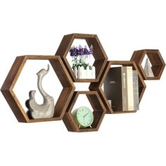 the shelves are made out of hexagonal wood