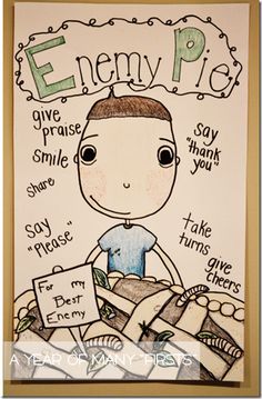 a drawing of a boy with the words enemy pie written on his face