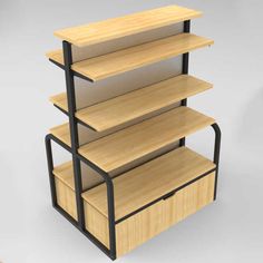 three tiered wooden display unit with black metal frame and wood shelves on each side