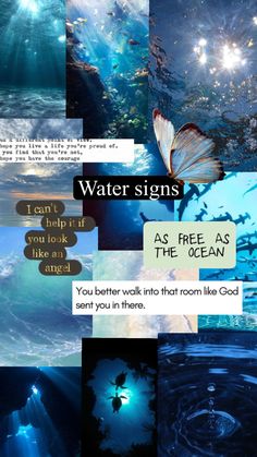 a collage of photos with water and words on them that say, i can't help it as free as the ocean