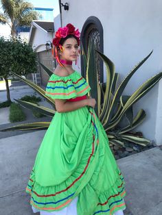 1 Mexican Dress TWO PIECE GREEN one size fit most TEEN AND WOMANS SIZES Two piece mexican dress 1 Mexican Dress one size fit most TEEN AND WOMANS SIZES 24 x 24 inches arm pit to arm pit 23 inches long Blouse 35 Inches long Skirt Belt not included Rebozo not included Measurements 90CM Bohemian Summer Costume Dress, Fitted Green Hippie Dresses, Traditional Green Dresses With Ruffles, Green Peasant Dress For Spring, Green Summer Costume Dress, Green Ruffled Costume Dress, Green Ruffled Dress For Costume, Green Hippie Dress With Short Sleeves, Casual Green Dress For Festival