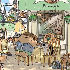 a cartoon bear sitting at a table in front of a store with other bears around it