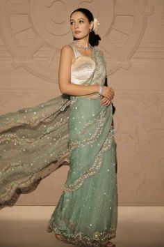 Mint green floral sequin embroidered saree with a scalloped border. Paired with a multi coloured fringed bralette. - Aza Fashions Sequin Saree, Scalloped Border, Embroidered Saree, Blouse Models, Beaded Neckline, Silk Organza, Green Silk, Aza Fashion, Mint Green