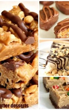 the collage shows different types of desserts, including peanut butter and pretzels