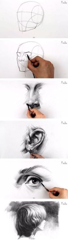 the steps to drawing an eye with pencils and watercolor on paper, in different stages