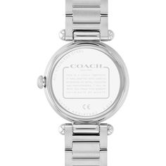 From the Coach Cary collection, this ladies' watch features a mother-of-pearl dial with silver-toned hands and crystal accent markers, mineral crystal with a crystal embellished bezel in a 34.0mm stainless steel case. The reliable quartz movement ensures accurate time keeping. The crystal accented stainless steel link bracelet secures with a push-button deployment clasp. Water resistant to 30 meters, this watch comes with a two-year limited manufacturer warranty. We are an authorized Coach dealer. Round Watch Accessories With Polished Finish, White Gold Watch Accessories For Anniversary, White Gold Watches With Rotating Bezel, Silver Watches Women, Bracelet Design, Crystal Set, Steel Design, Women's Watch, Stainless Steel Band