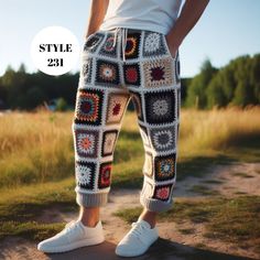 Granny Square Boho Pants for Men, Midi Crochet Men's Pant, Retro Pants Men, Granny Square Boho Pants, Bohemian Men Festival Trousers Pants These Midi Boho crochet pants are comfy and stylish to wear any time you want. Notice that they are NOT Full Length Pants, they are  Midi Style (Above Ankle) pants ⚫PLEASE CHECK SIZE CHART BEFORE PLACING ORDER ⚪IF YOU NEED HELP to CHOOSE SIZE, YOU CAN REACH OUT ME VIA ETSY MESSAGING ANYTIME ⚪Pant has belt to arrange it according to your waist ⚫You can customi Crochet Tracksuit Pants Men, Granny Square Pants Pattern, Festival Fits Men, Free Crochet Granny Square Pants, Crochet Pants Men, Granny Square Crochet Pants Pattern, Crochet Mens Pants, Crochet Pants Pattern Granny Square, Crochet Pants Granny Square