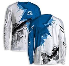 a blue and white shirt with fish on it