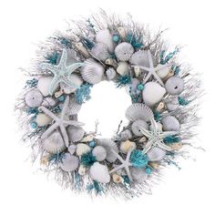 a wreath with sea shells and starfishs on it